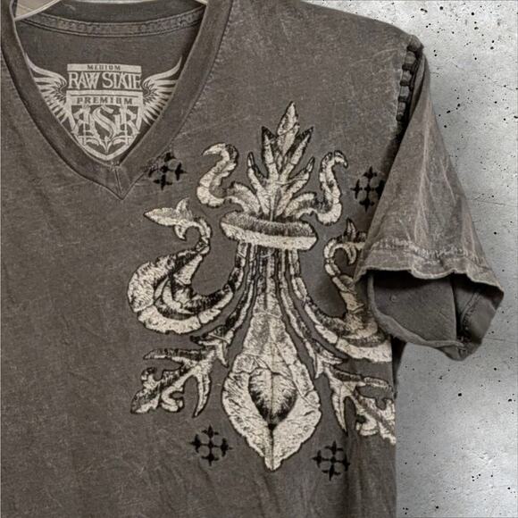 Vintage Affliction RAW STATE Fleur de Lis Wings Gray Shirt Black Stitch Detail M - Picture 5 of 6